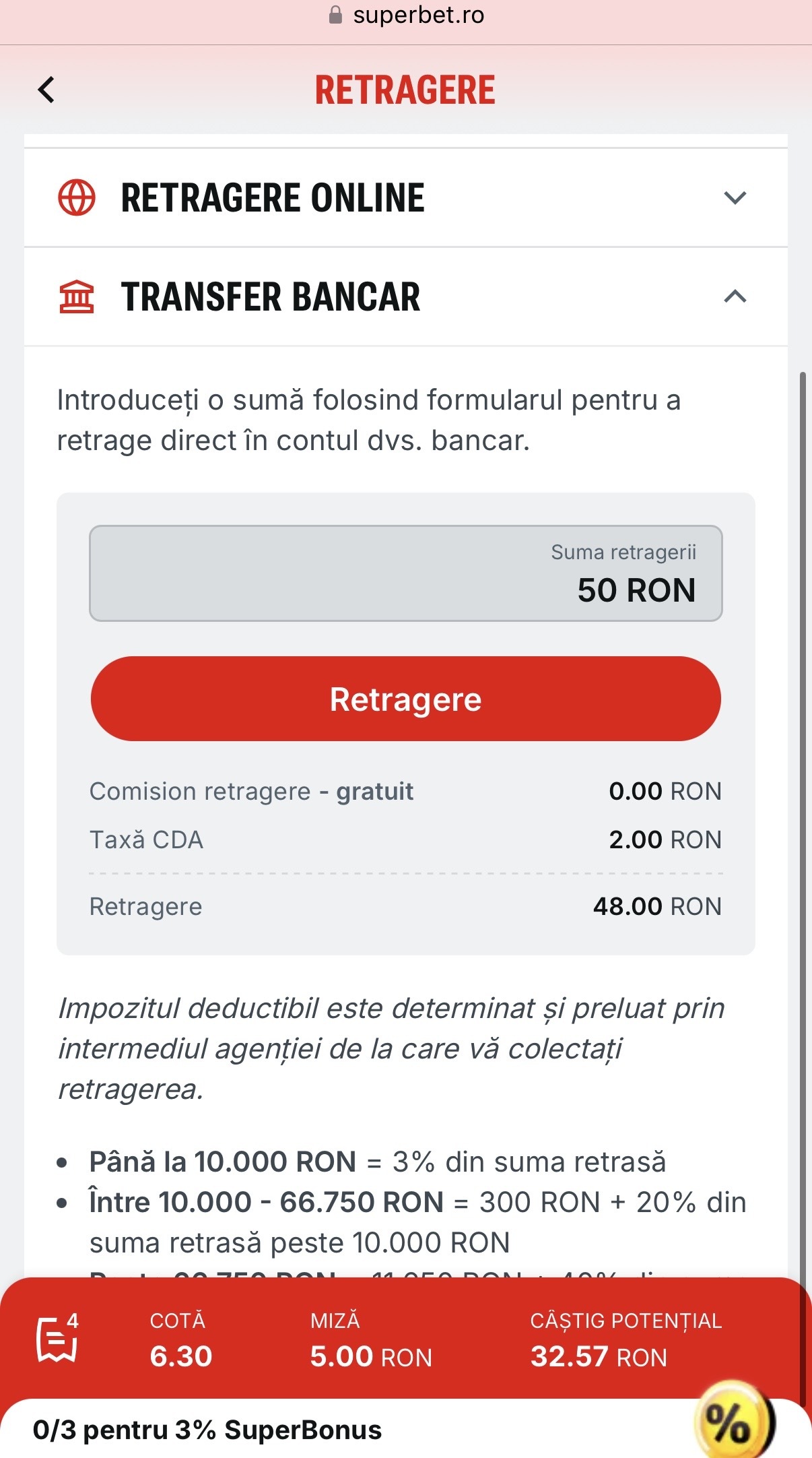 retragere transfer bancar superbet