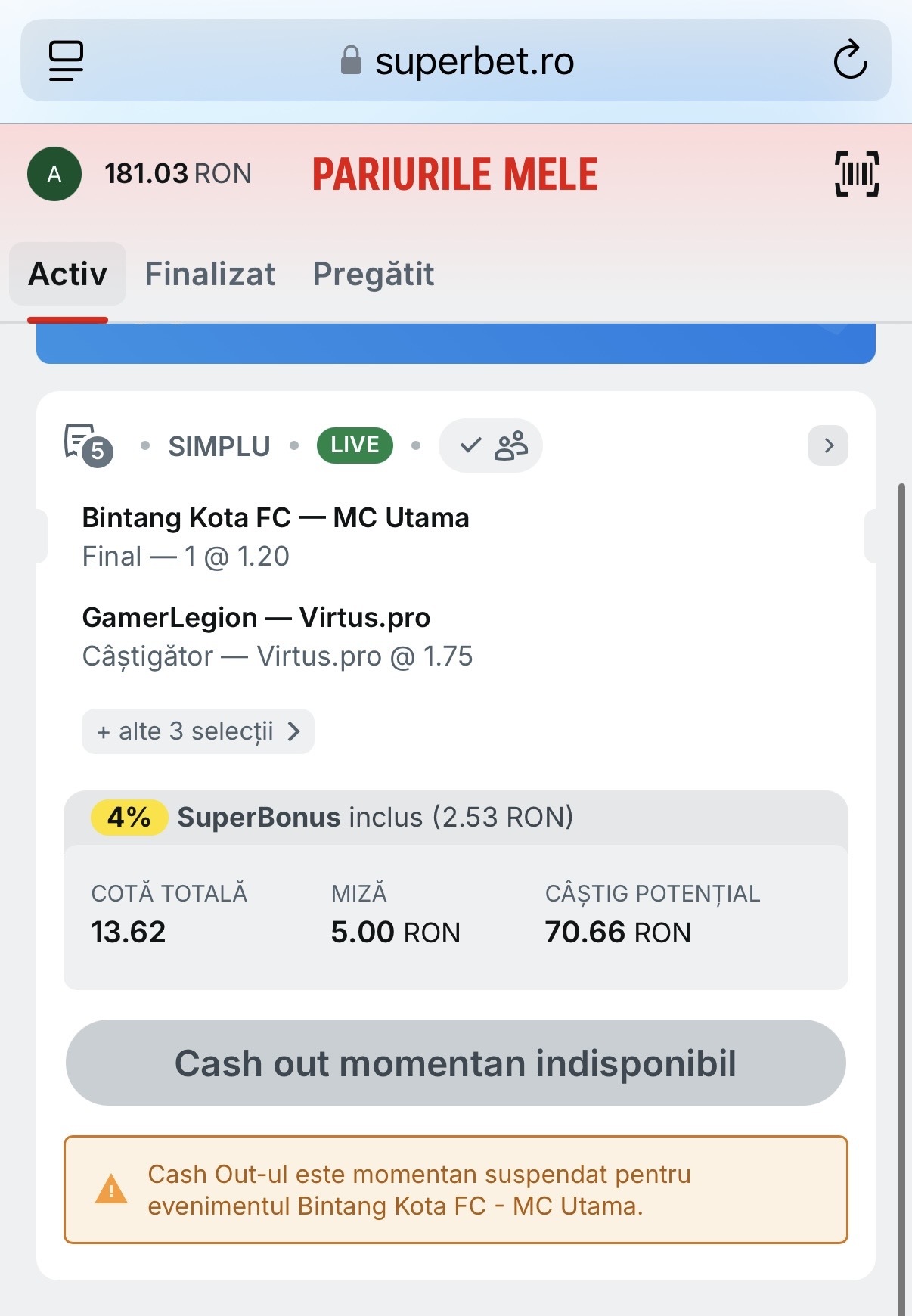 cashout indisponibil