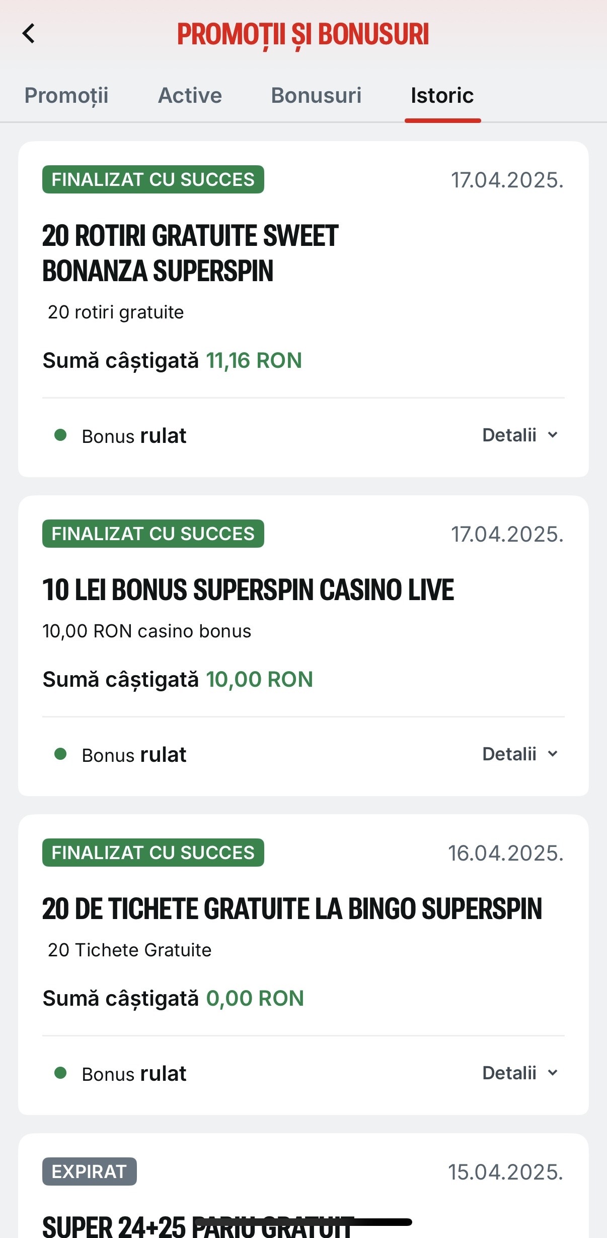 istoric bonusuri