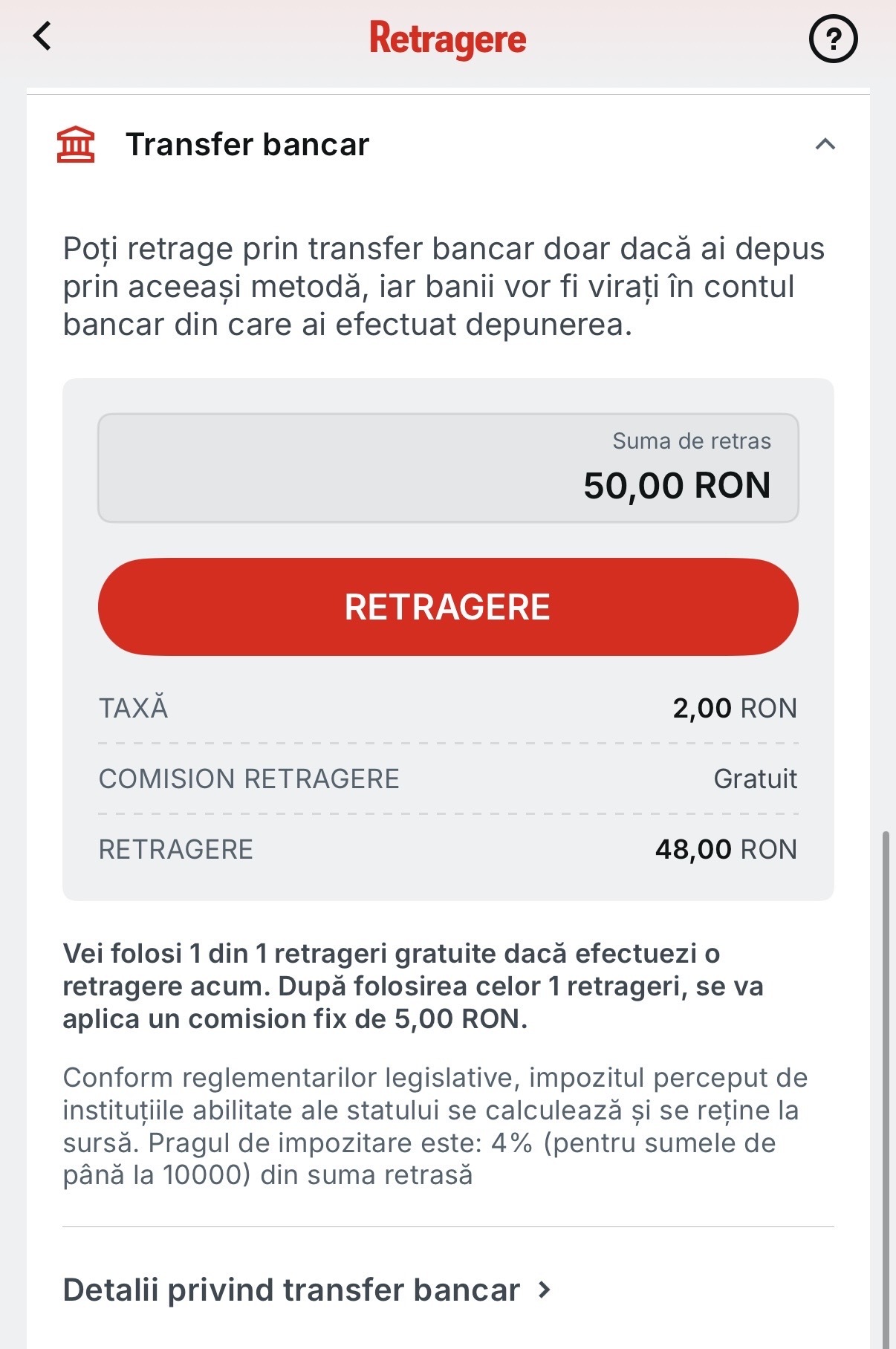 retragere transfer bancar