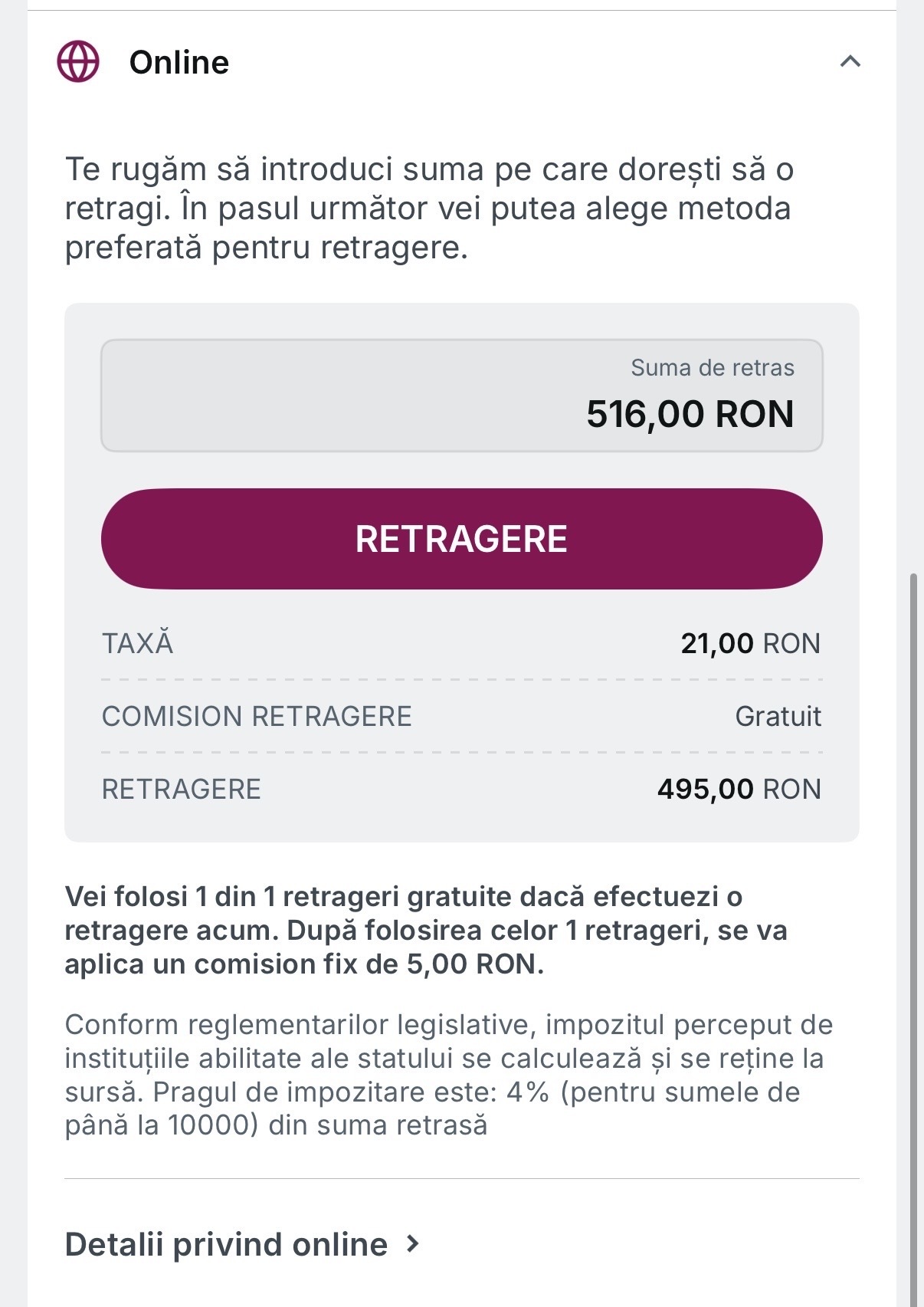retragere online