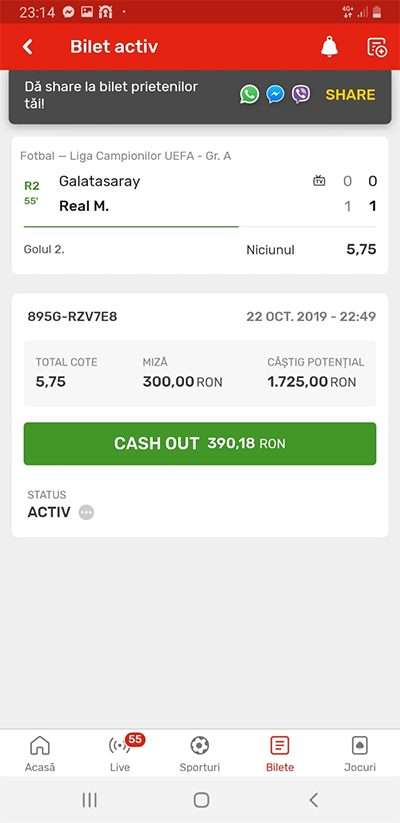 cash out în aplicația Superbet