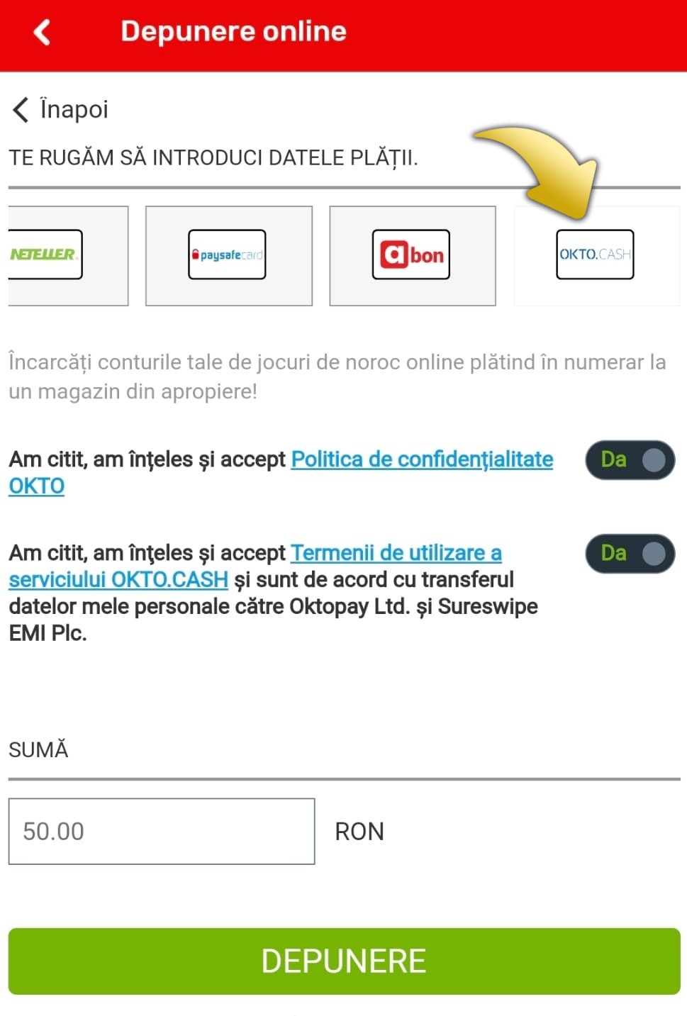 Depunere online în contul de jucător, prin OKTO CASH Superbet Suport